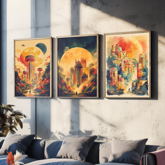 Alien City Beneath the Sun Set of Three Art Prints - 3 Retro Sci Fi Cityscape Posters - Futuristic Fantasy Illustration V2