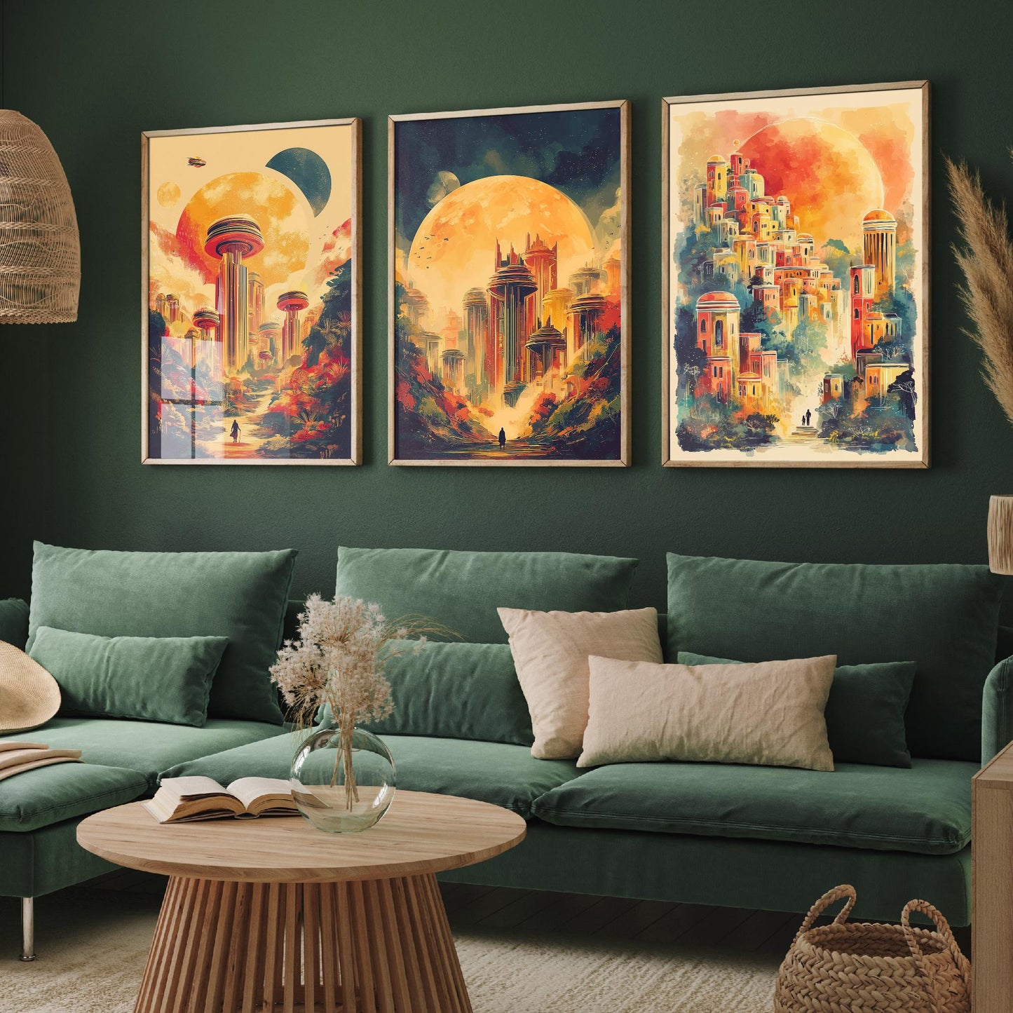 Alien City Beneath the Sun Set of Three Art Prints - 3 Retro Sci Fi Cityscape Posters - Futuristic Fantasy Illustration V2