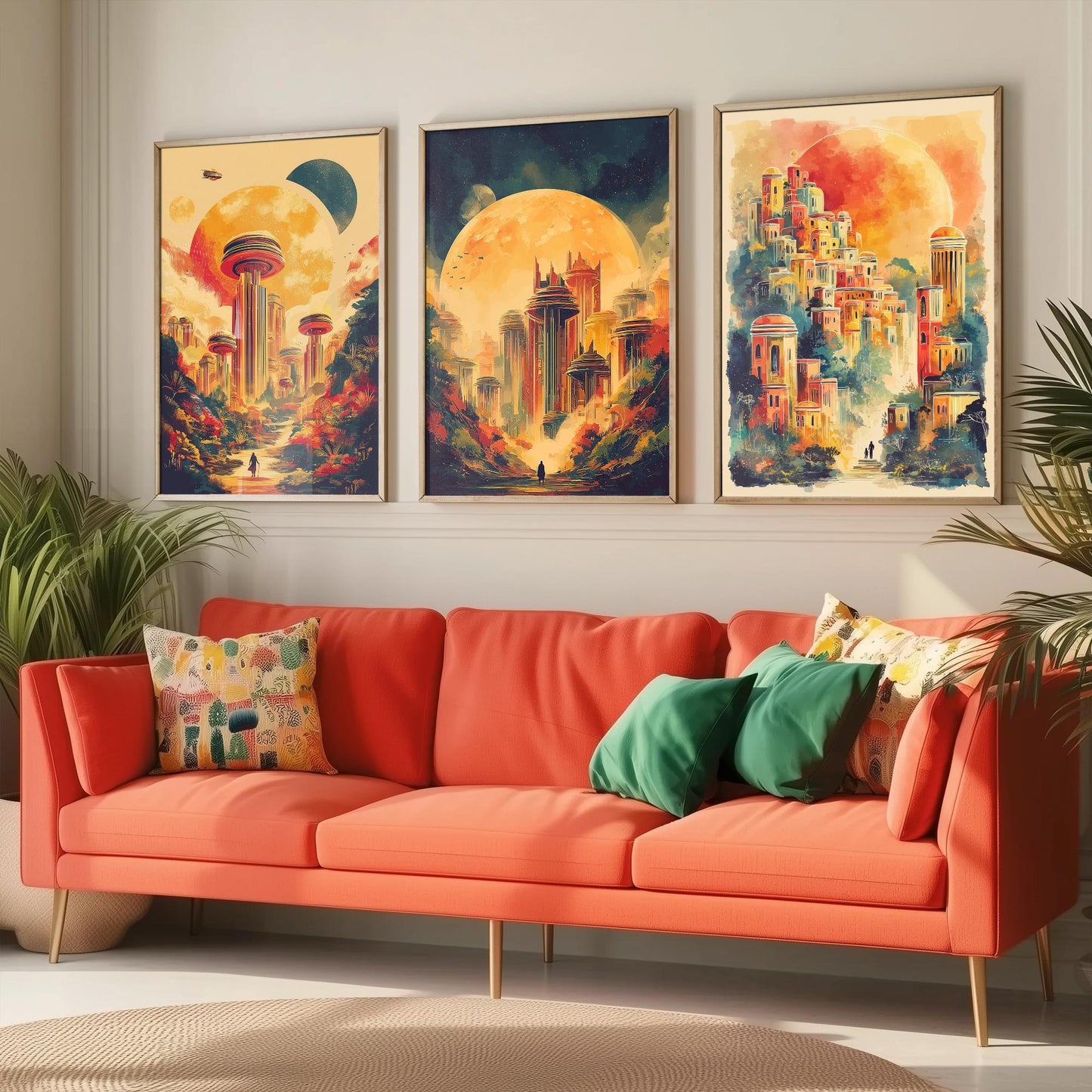 Alien City Beneath the Sun Set of Three Art Prints - 3 Retro Sci Fi Cityscape Posters - Futuristic Fantasy Illustration V2