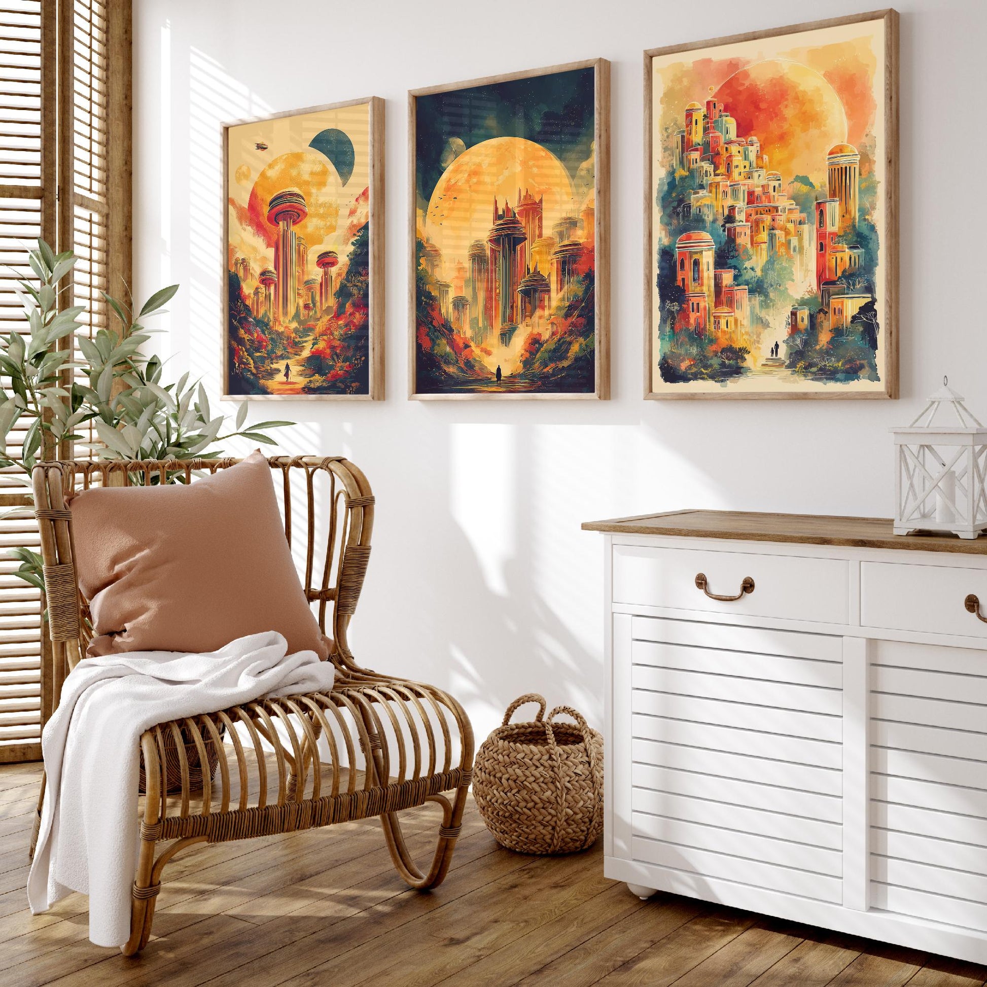 Alien City Beneath the Sun Set of Three Art Prints - 3 Retro Sci Fi Cityscape Posters - Futuristic Fantasy Illustration V2