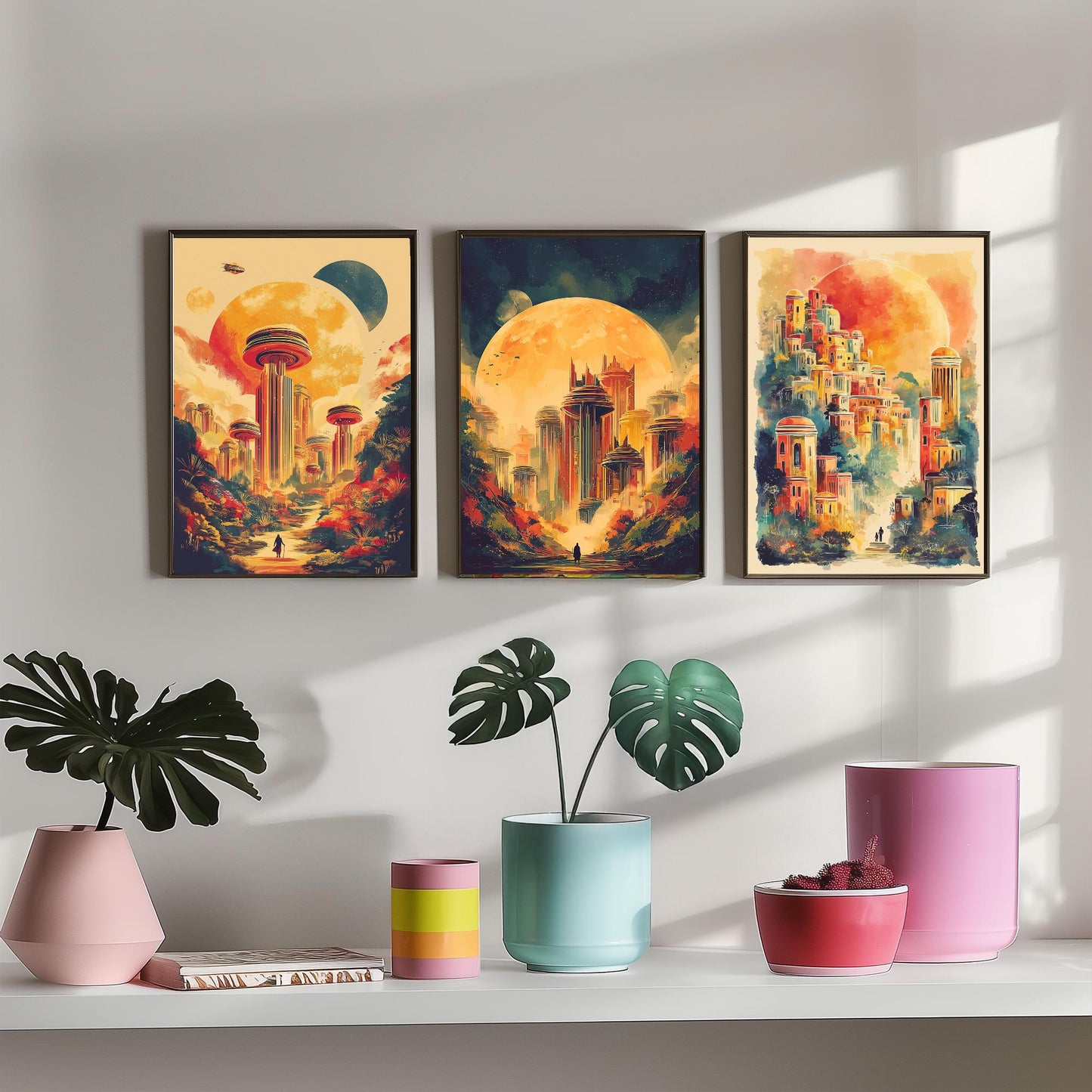 Alien City Beneath the Sun Set of Three Art Prints - 3 Retro Sci Fi Cityscape Posters - Futuristic Fantasy Illustration V2