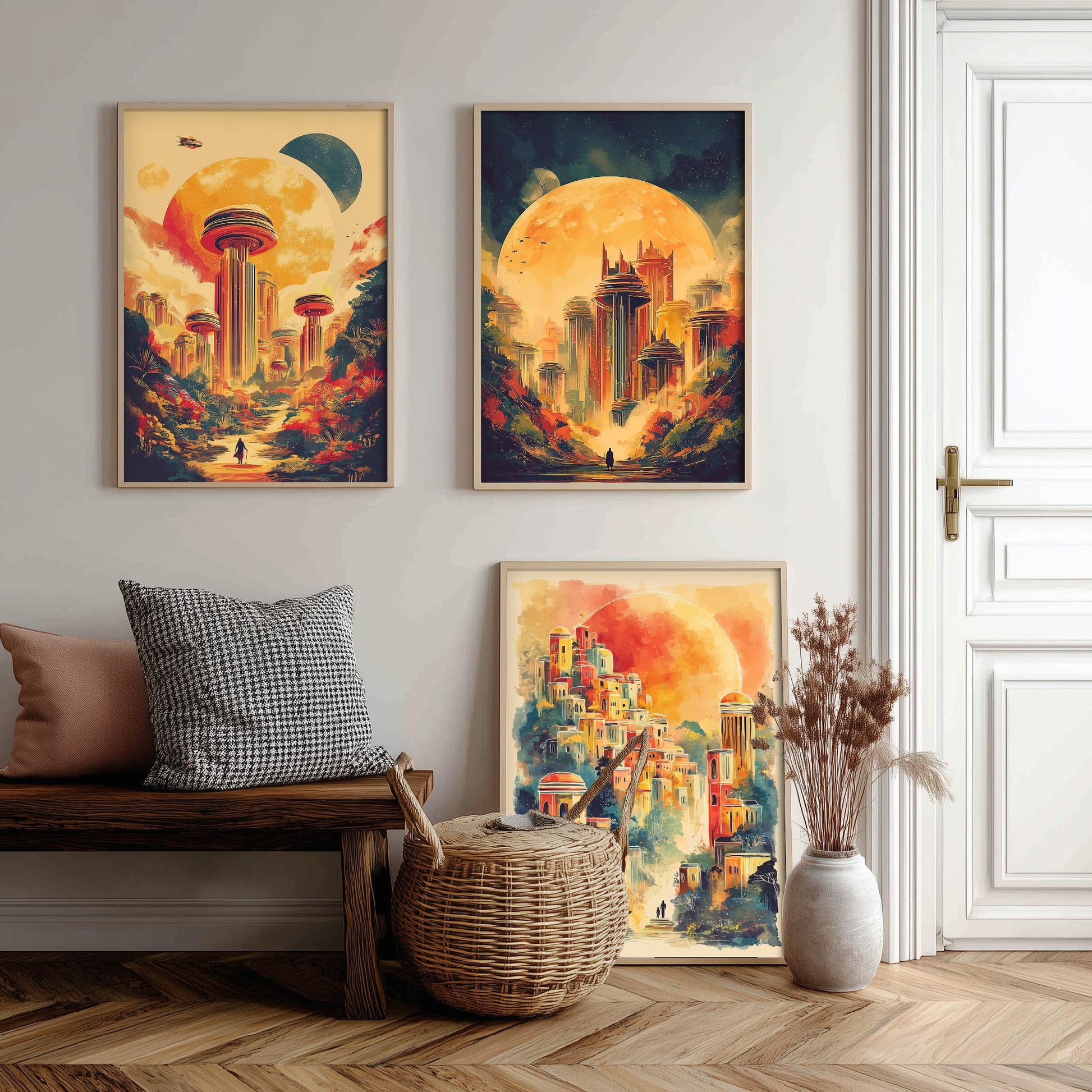 Alien City Beneath the Sun Set of Three Art Prints - 3 Retro Sci Fi Cityscape Posters - Futuristic Fantasy Illustration V2