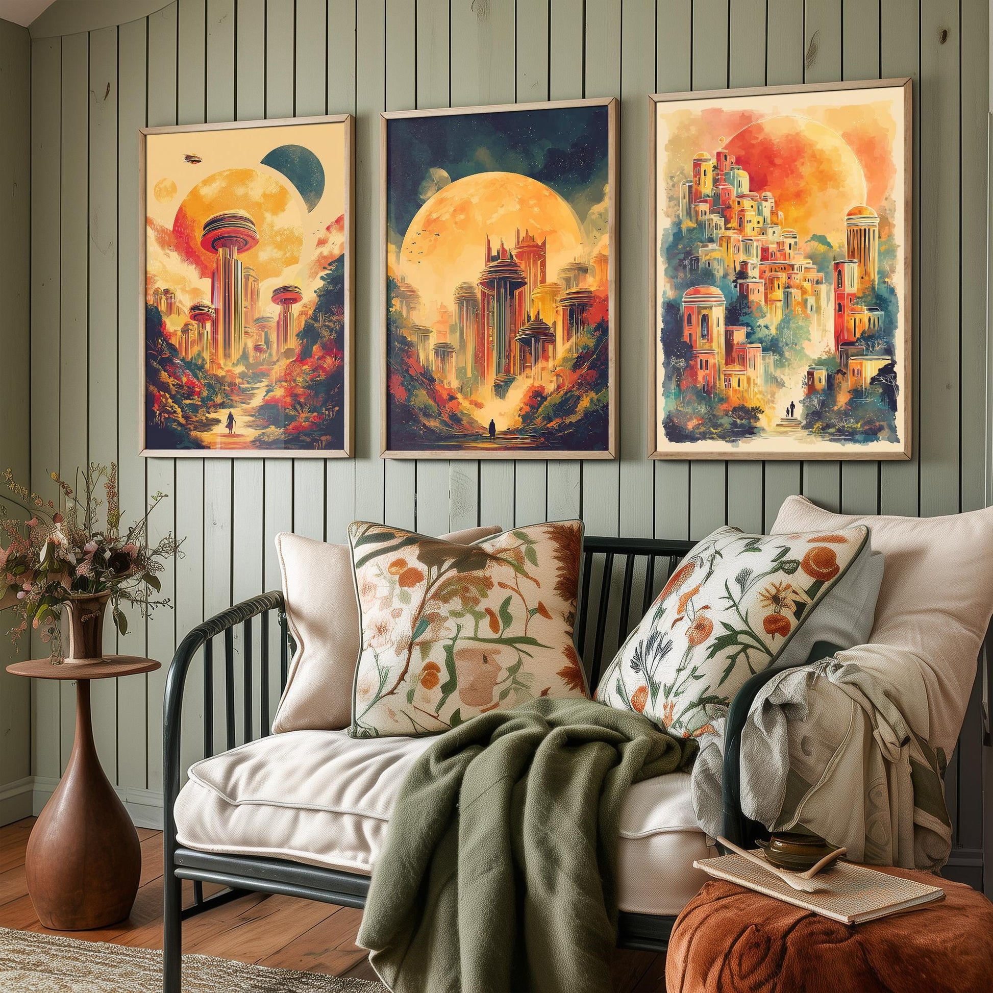 Alien City Beneath the Sun Set of Three Art Prints - 3 Retro Sci Fi Cityscape Posters - Futuristic Fantasy Illustration V2
