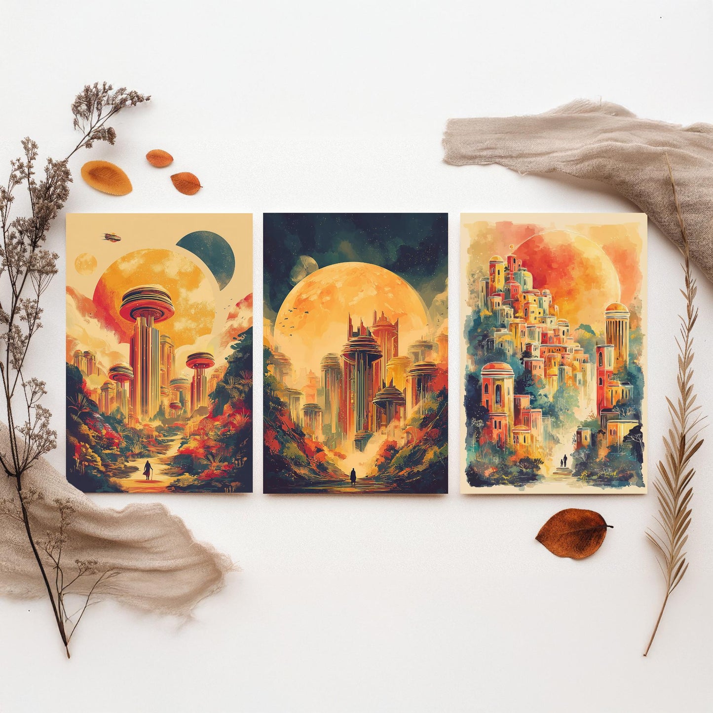 Alien City Beneath the Sun Set of Three Art Prints - 3 Retro Sci Fi Cityscape Posters - Futuristic Fantasy Illustration V2