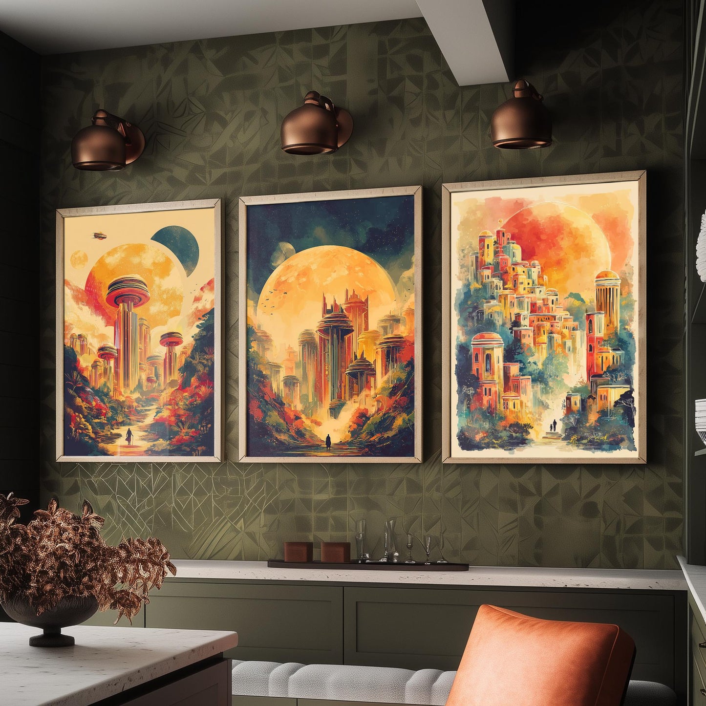 Alien City Beneath the Sun Set of Three Art Prints - 3 Retro Sci Fi Cityscape Posters - Futuristic Fantasy Illustration V2