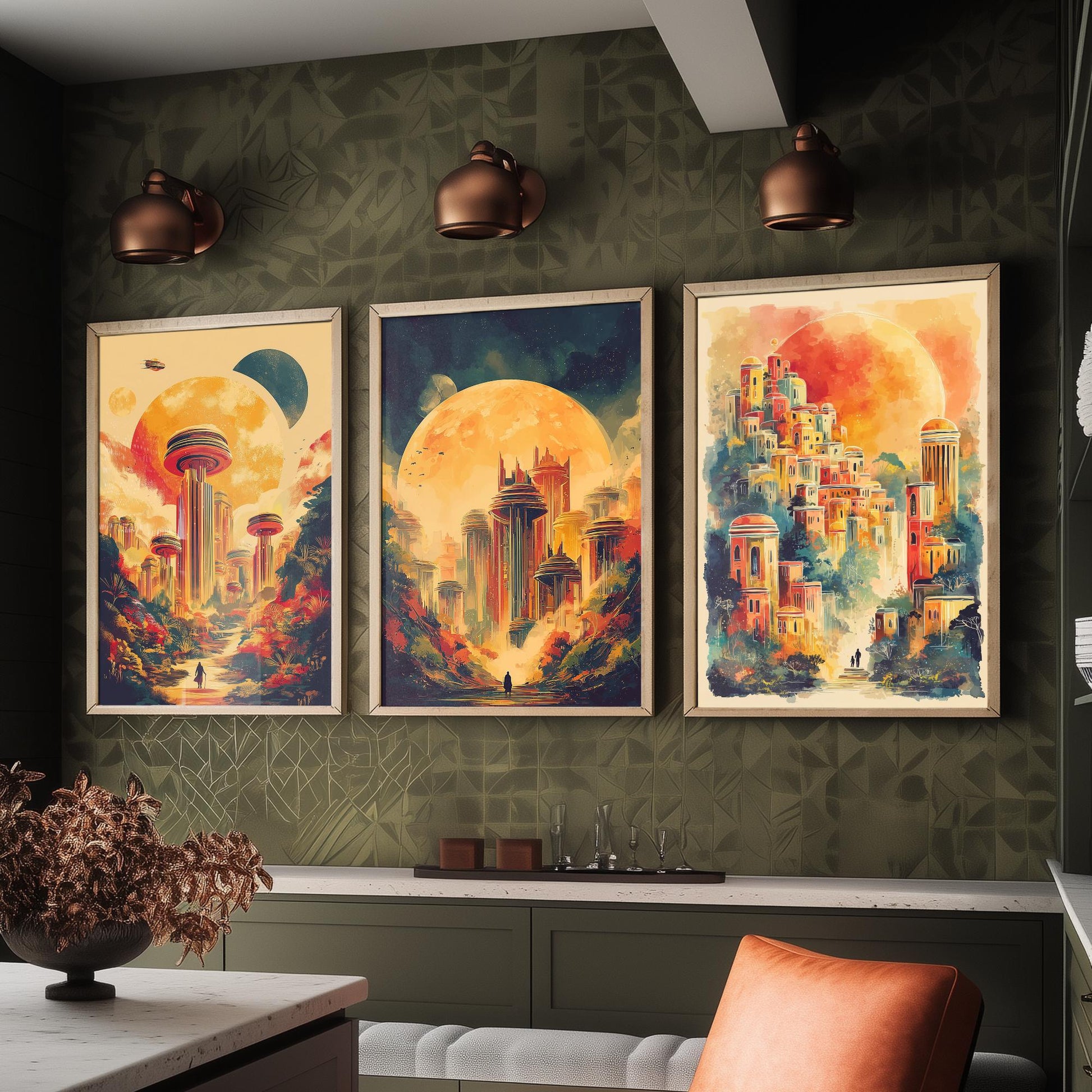 Alien City Beneath the Sun Set of Three Art Prints - 3 Retro Sci Fi Cityscape Posters - Futuristic Fantasy Illustration V2