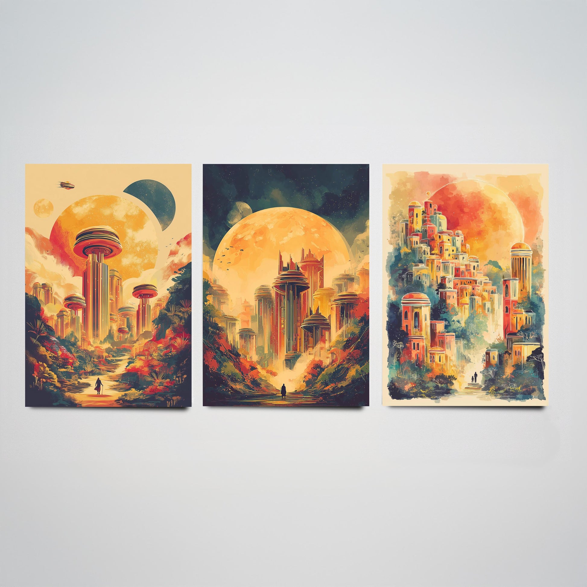 Alien City Beneath the Sun Set of Three Art Prints - 3 Retro Sci Fi Cityscape Posters - Futuristic Fantasy Illustration V2