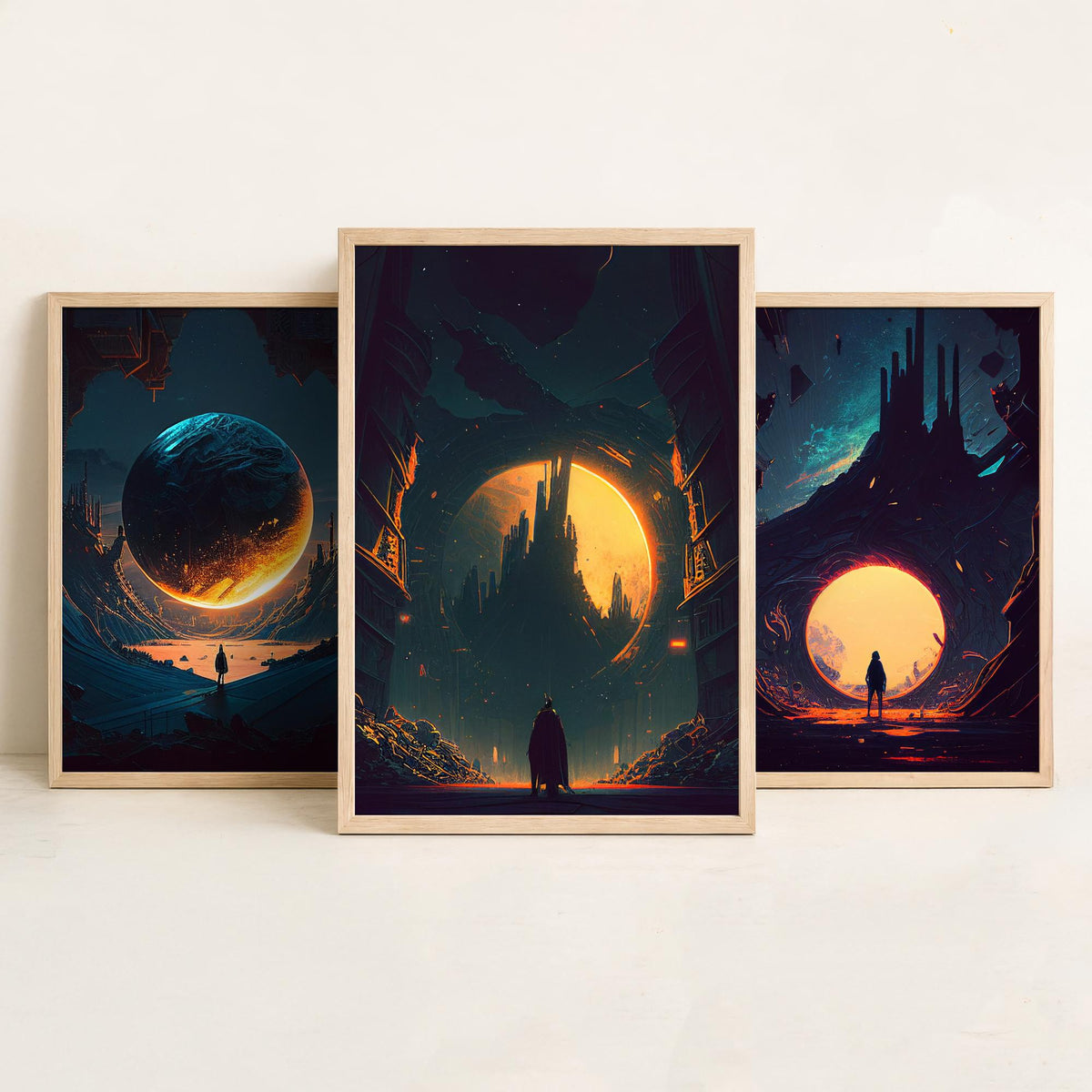 Alien City Set of Three Art Prints - Giant Planets, Gothic Spires, Lone Wanderer - Sci Fi Space Poster Illustration