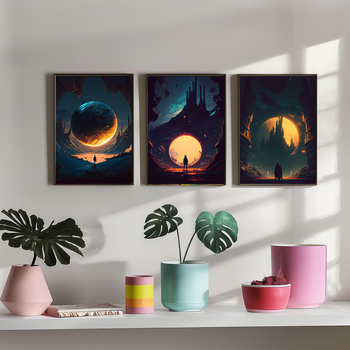 Alien City Set of Three Art Prints - Giant Planets, Gothic Spires, Lone Wanderer - Sci Fi Space Poster Illustration