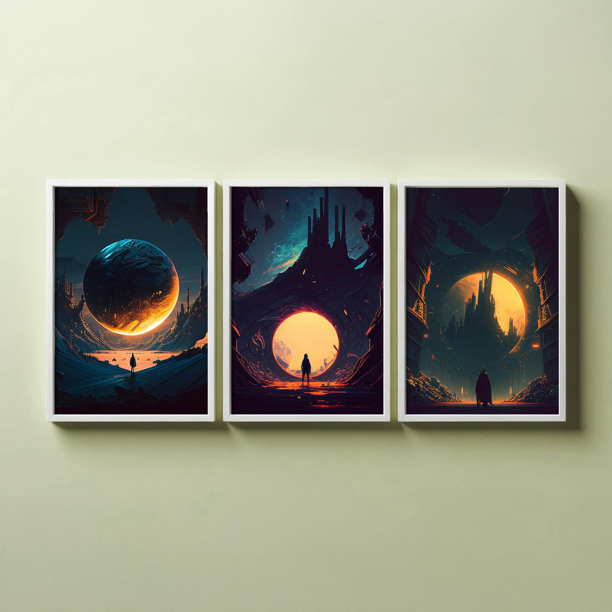 Alien City Set of Three Art Prints - Giant Planets, Gothic Spires, Lone Wanderer - Sci Fi Space Poster Illustration