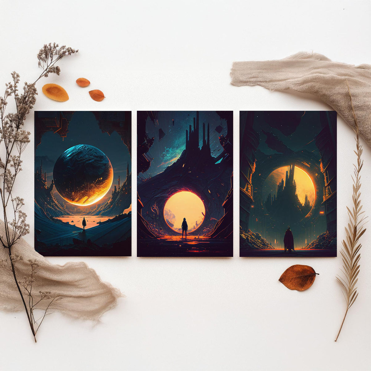 Alien City Set of Three Art Prints - Giant Planets, Gothic Spires, Lone Wanderer - Sci Fi Space Poster Illustration