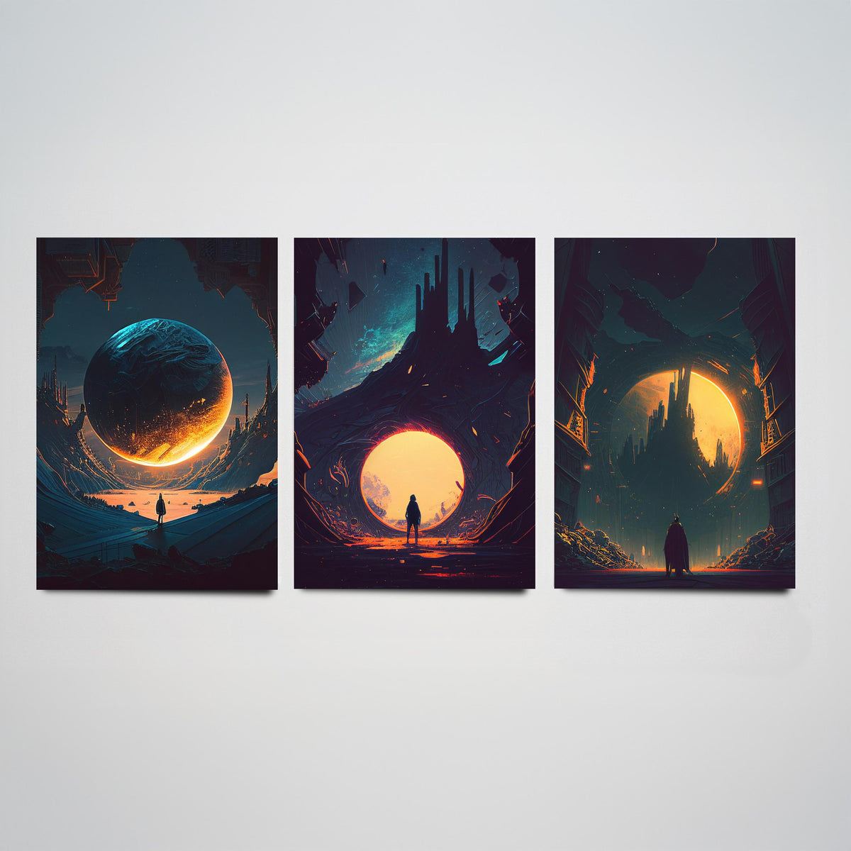 Alien City Set of Three Art Prints - Giant Planets, Gothic Spires, Lone Wanderer - Sci Fi Space Poster Illustration