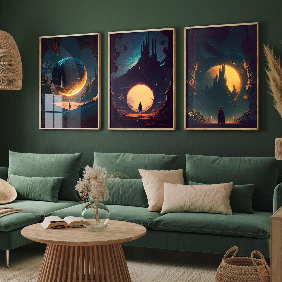 Alien City Set of Three Art Prints - Giant Planets, Gothic Spires, Lone Wanderer - Sci Fi Space Poster Illustration