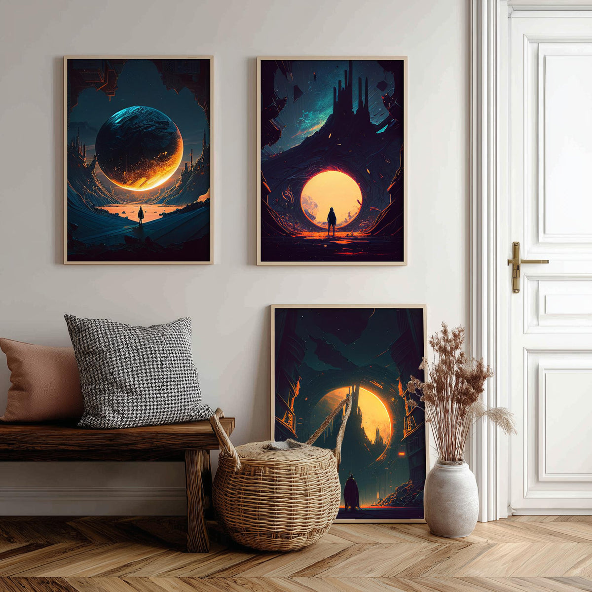 Alien City Set of Three Art Prints - Giant Planets, Gothic Spires, Lone Wanderer - Sci Fi Space Poster Illustration