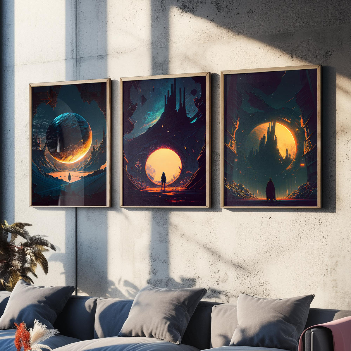 Alien City Set of Three Art Prints - Giant Planets, Gothic Spires, Lone Wanderer - Sci Fi Space Poster Illustration