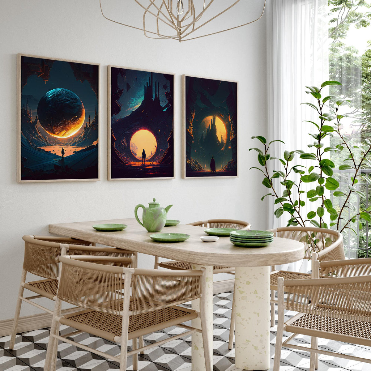 Alien City Set of Three Art Prints - Giant Planets, Gothic Spires, Lone Wanderer - Sci Fi Space Poster Illustration