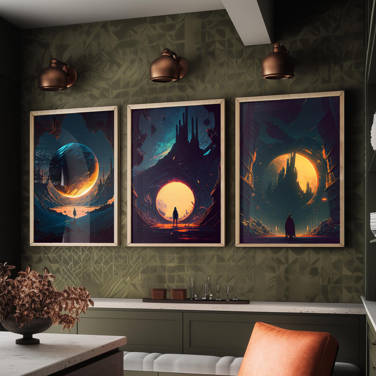 Alien City Set of Three Art Prints - Giant Planets, Gothic Spires, Lone Wanderer - Sci Fi Space Poster Illustration