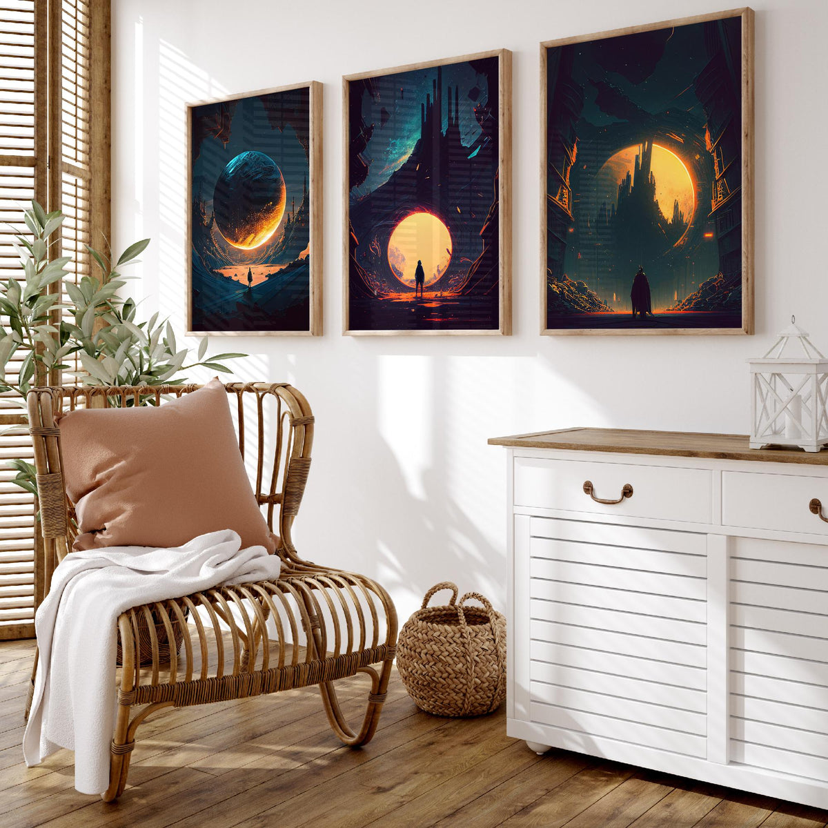 Alien City Set of Three Art Prints - Giant Planets, Gothic Spires, Lone Wanderer - Sci Fi Space Poster Illustration