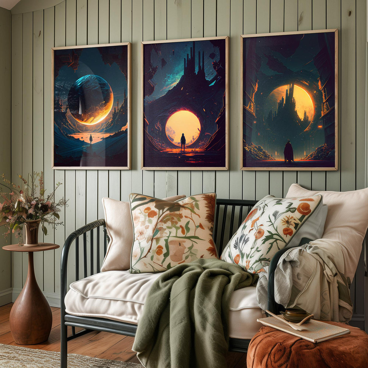 Alien City Set of Three Art Prints - Giant Planets, Gothic Spires, Lone Wanderer - Sci Fi Space Poster Illustration
