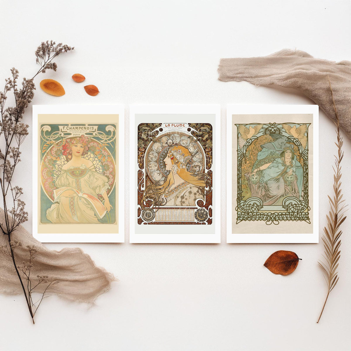 Alphonse Mucha Set of Three Art Prints - Reverie, La Plume, Princess of Tripoli - Art Nouveau Lithograph Poster Illustration