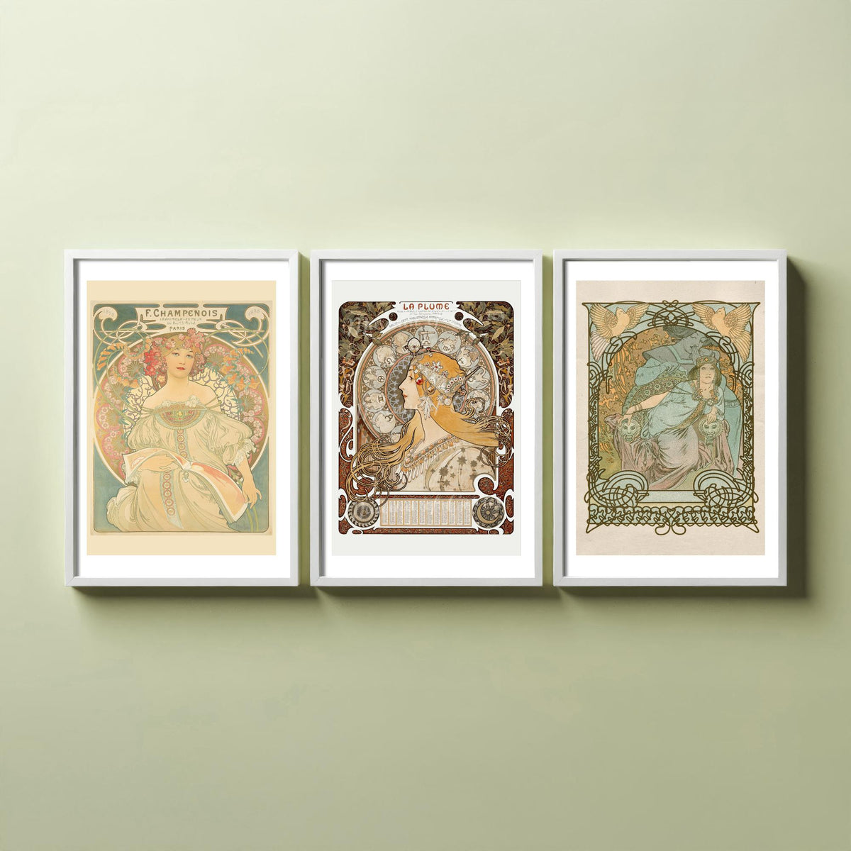 Alphonse Mucha Set of Three Art Prints - Reverie, La Plume, Princess of Tripoli - Art Nouveau Lithograph Poster Illustration