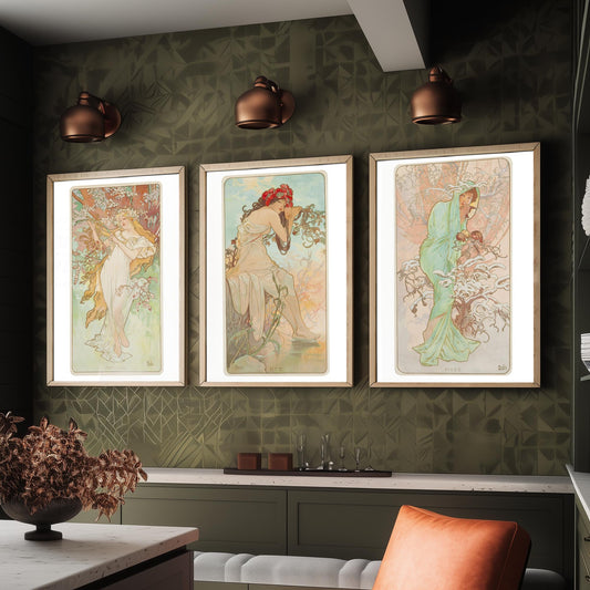 Alphonse Mucha Seasons Set of Three Art Prints - Spring, Summer, Winter - Art Nouveau Lithograph Poster Illustration
