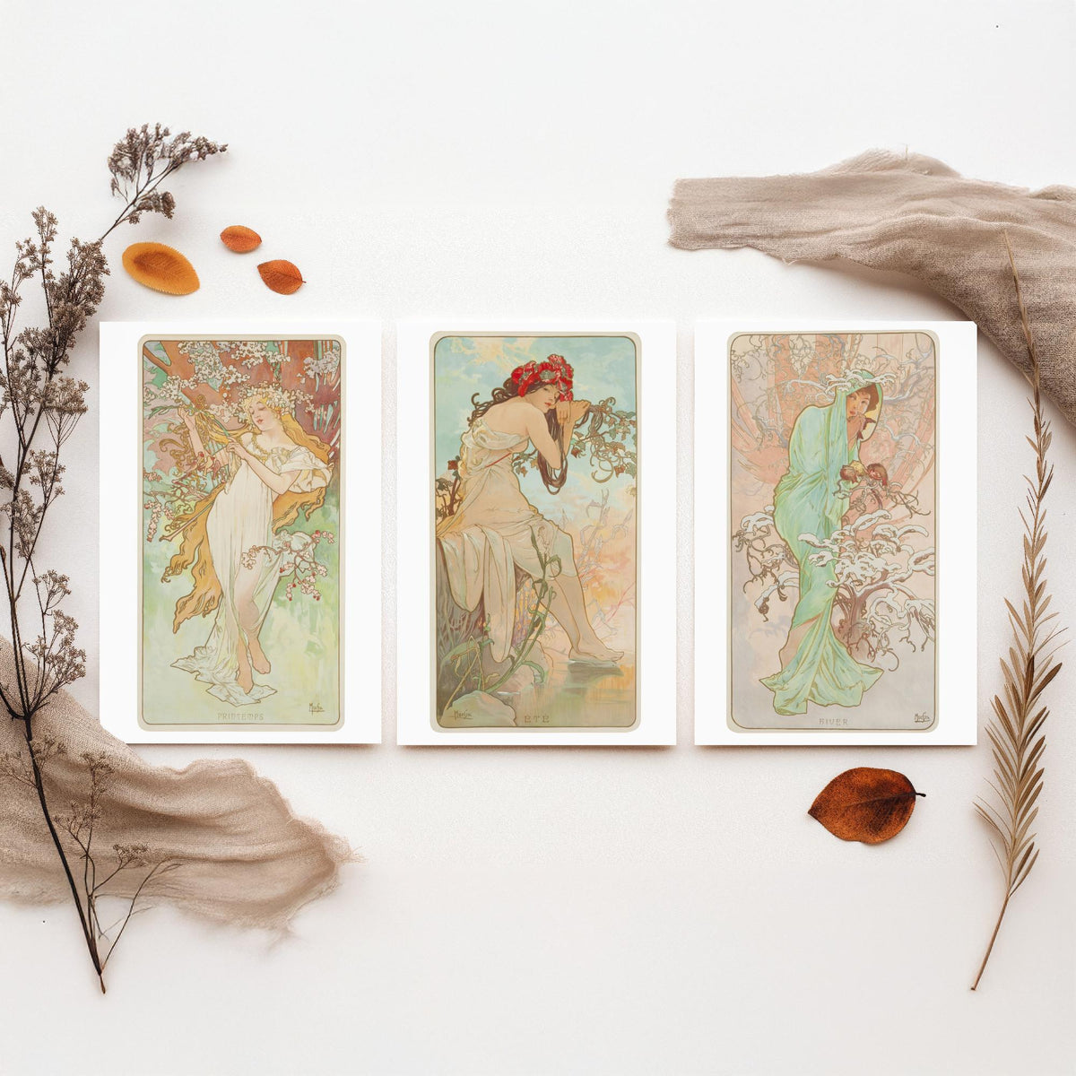 Alphonse Mucha Seasons Set of Three Art Prints - Spring, Summer, Winter - Art Nouveau Lithograph Poster Illustration