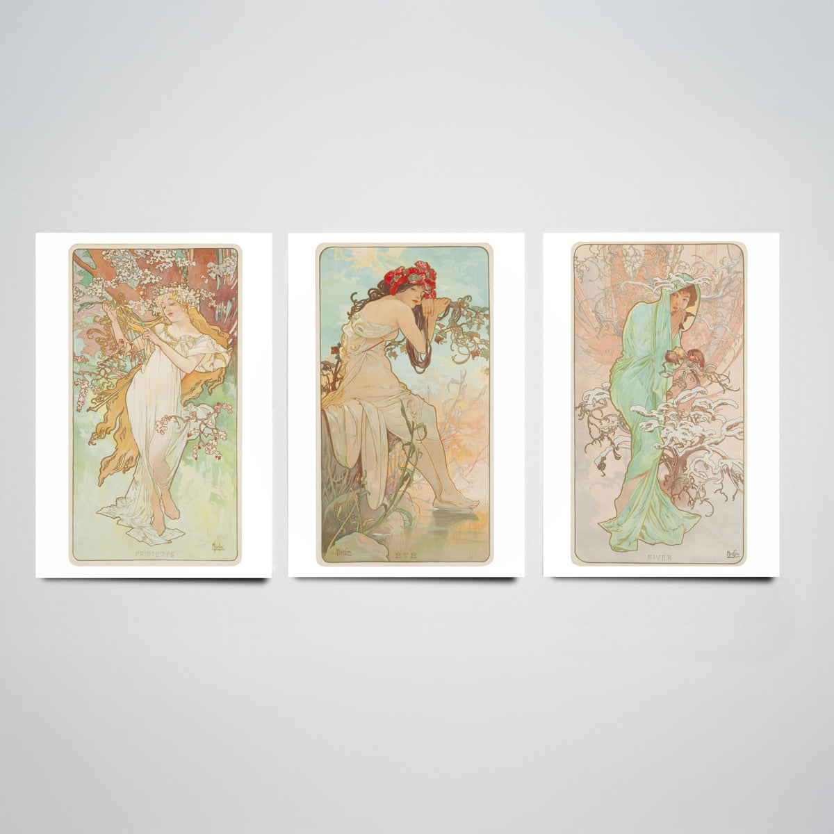 Alphonse Mucha Seasons Set of Three Art Prints - Spring, Summer, Winter - Art Nouveau Lithograph Poster Illustration