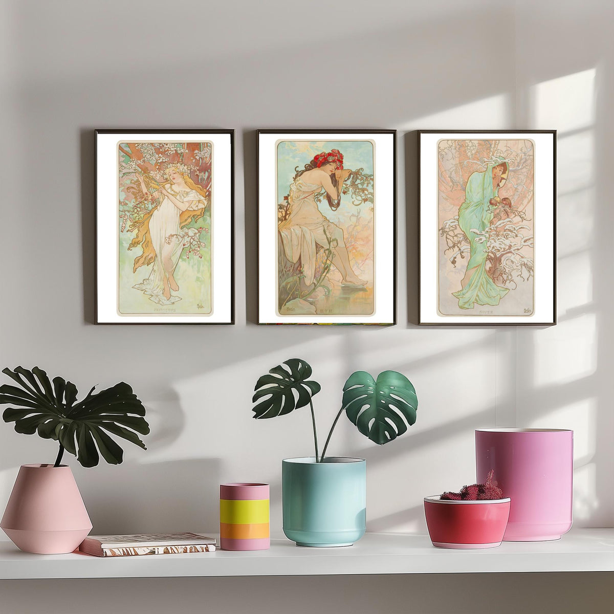 Alphonse Mucha Seasons Set of Three Art Prints - Spring, Summer, Winter - Art Nouveau Lithograph Poster Illustration