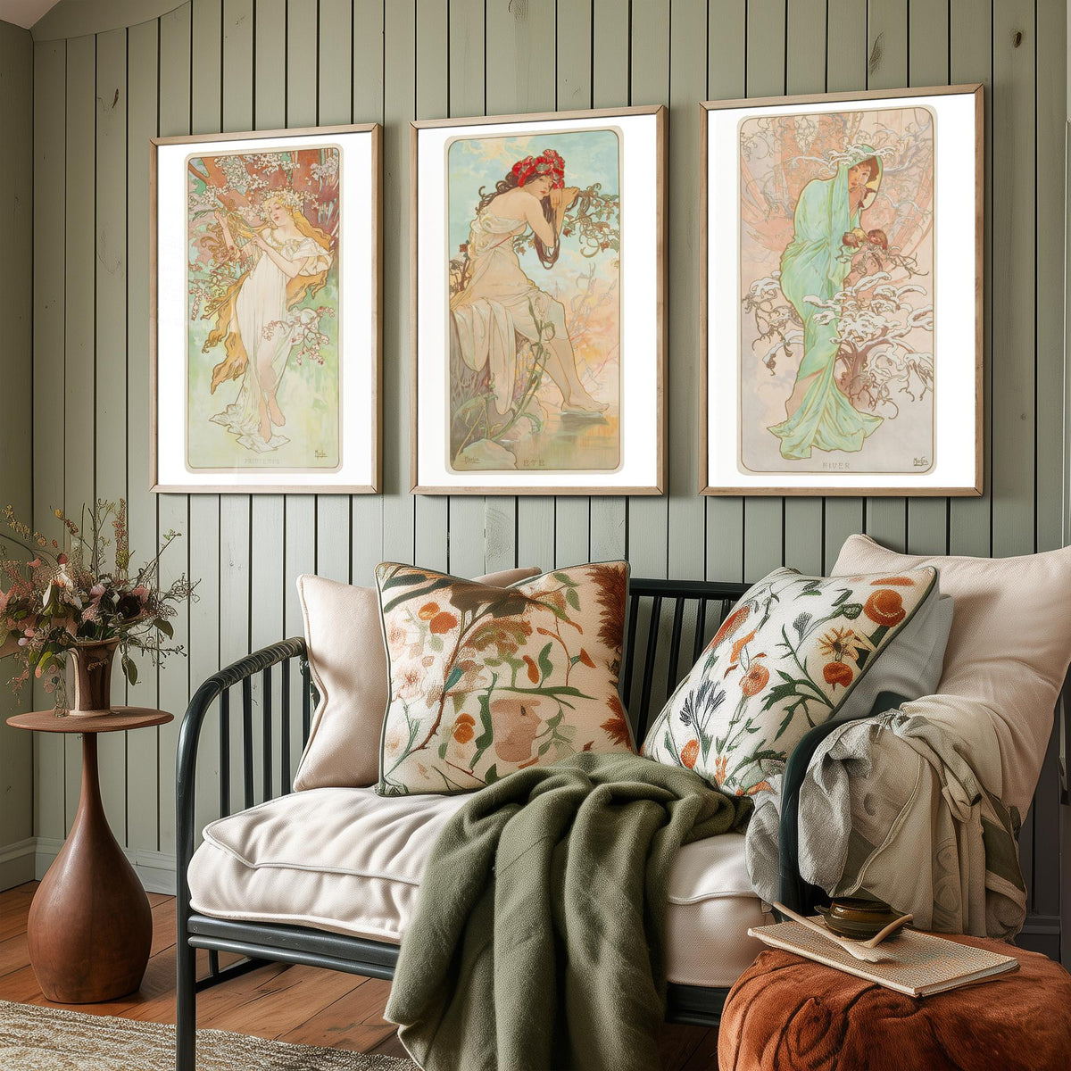 Alphonse Mucha Seasons Set of Three Art Prints - Spring, Summer, Winter - Art Nouveau Lithograph Poster Illustration