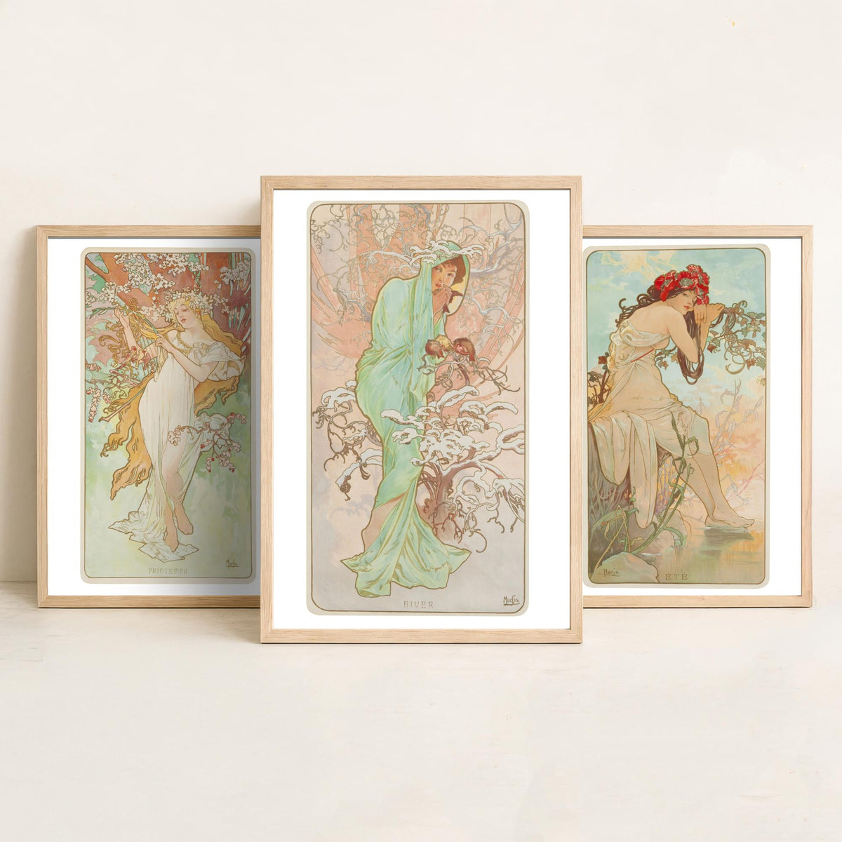Alphonse Mucha Seasons Set of Three Art Prints - Spring, Summer, Winter - Art Nouveau Lithograph Poster Illustration