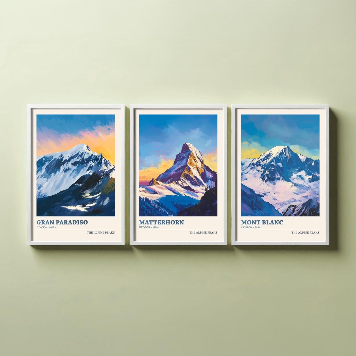 Alpine Peaks Set of Three Art Prints - Gran Paradiso, Matterhorn, Mont Blanc - 3 Alps Mountain Posters - Vibrant Painting Ski Decor