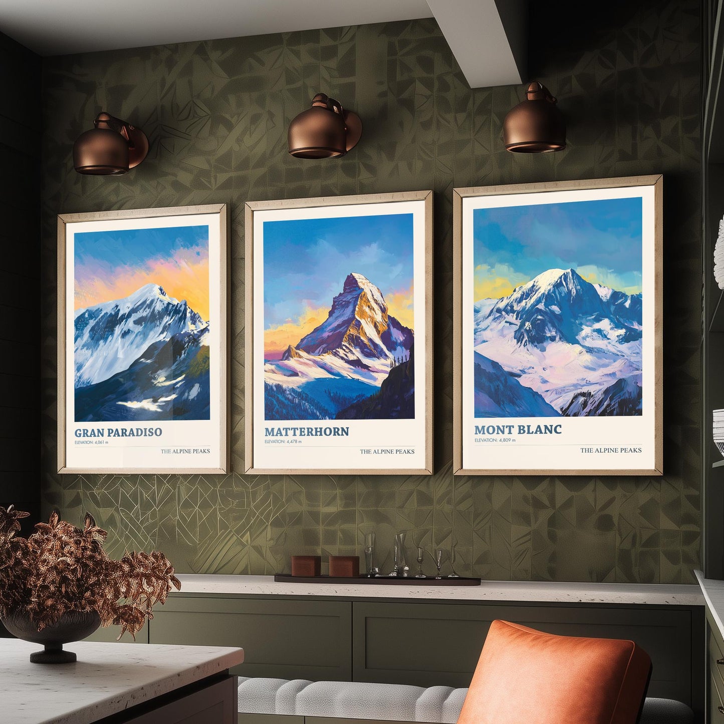 Alpine Peaks Set of Three Art Prints - Gran Paradiso, Matterhorn, Mont Blanc - 3 Alps Mountain Posters - Vibrant Painting Ski Decor