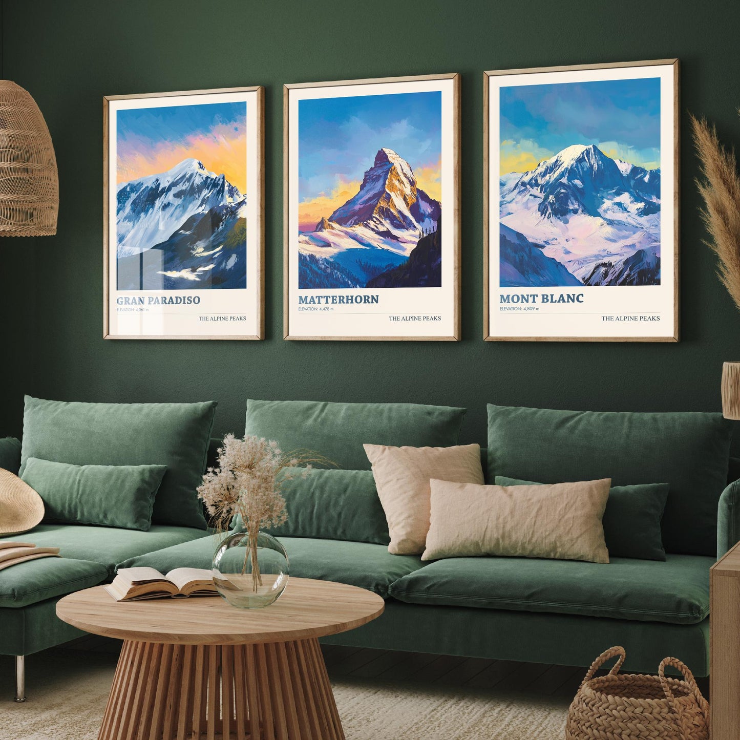 Alpine Peaks Set of Three Art Prints - Gran Paradiso, Matterhorn, Mont Blanc - 3 Alps Mountain Posters - Vibrant Painting Ski Decor