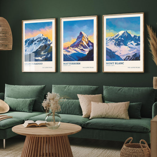 Alpine Peaks Set of Three Art Prints - Gran Paradiso, Matterhorn, Mont Blanc - 3 Alps Mountain Posters - Vibrant Painting Ski Decor
