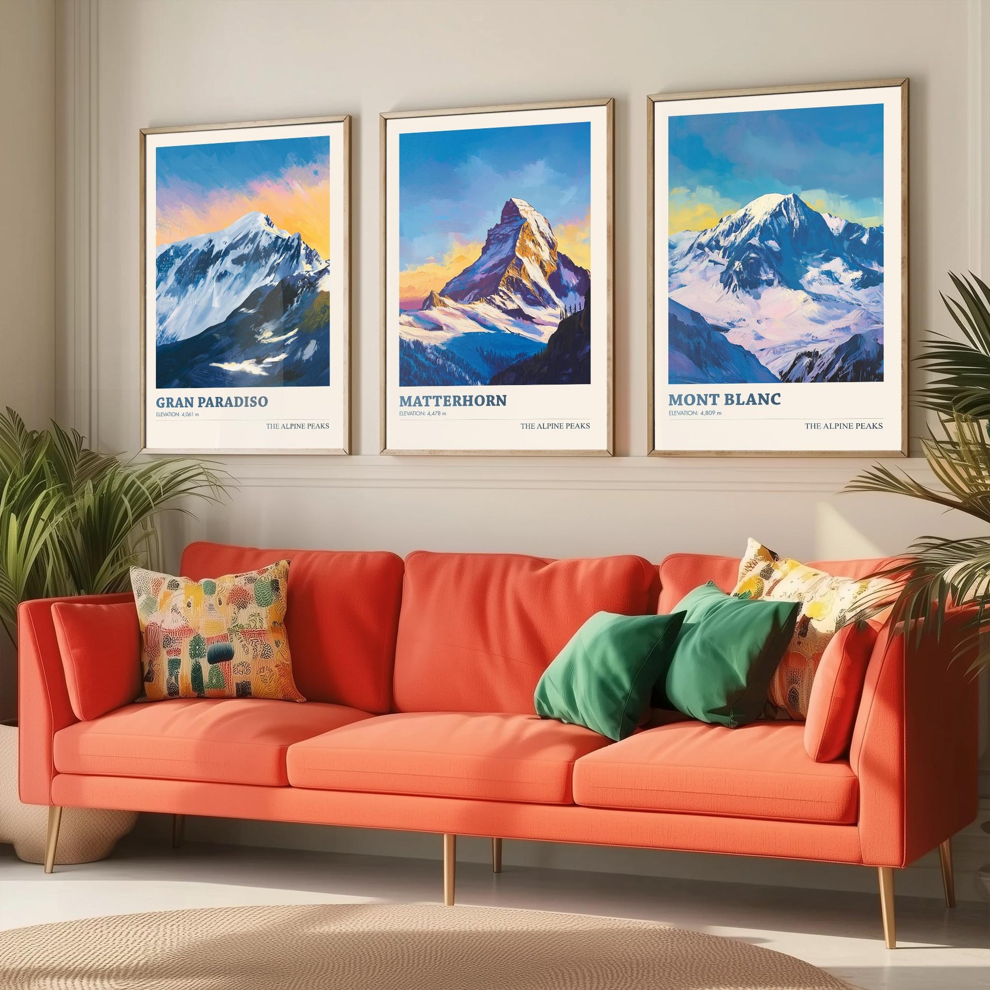Alpine Peaks Set of Three Art Prints - Gran Paradiso, Matterhorn, Mont Blanc - 3 Alps Mountain Posters - Vibrant Painting Ski Decor