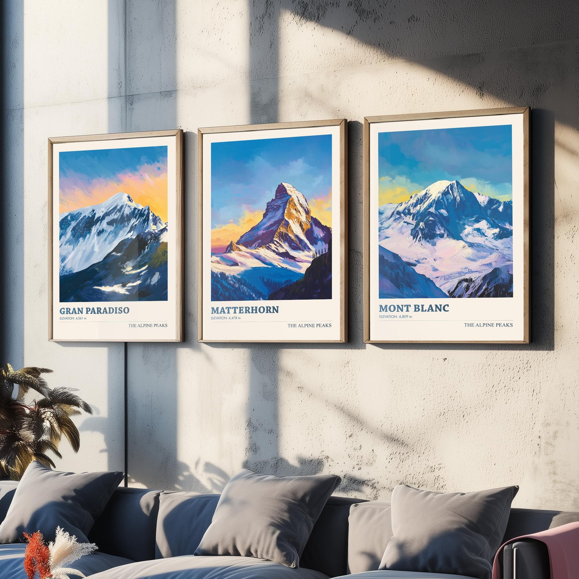 Alpine Peaks Set of Three Art Prints - Gran Paradiso, Matterhorn, Mont Blanc - 3 Alps Mountain Posters - Vibrant Painting Ski Decor