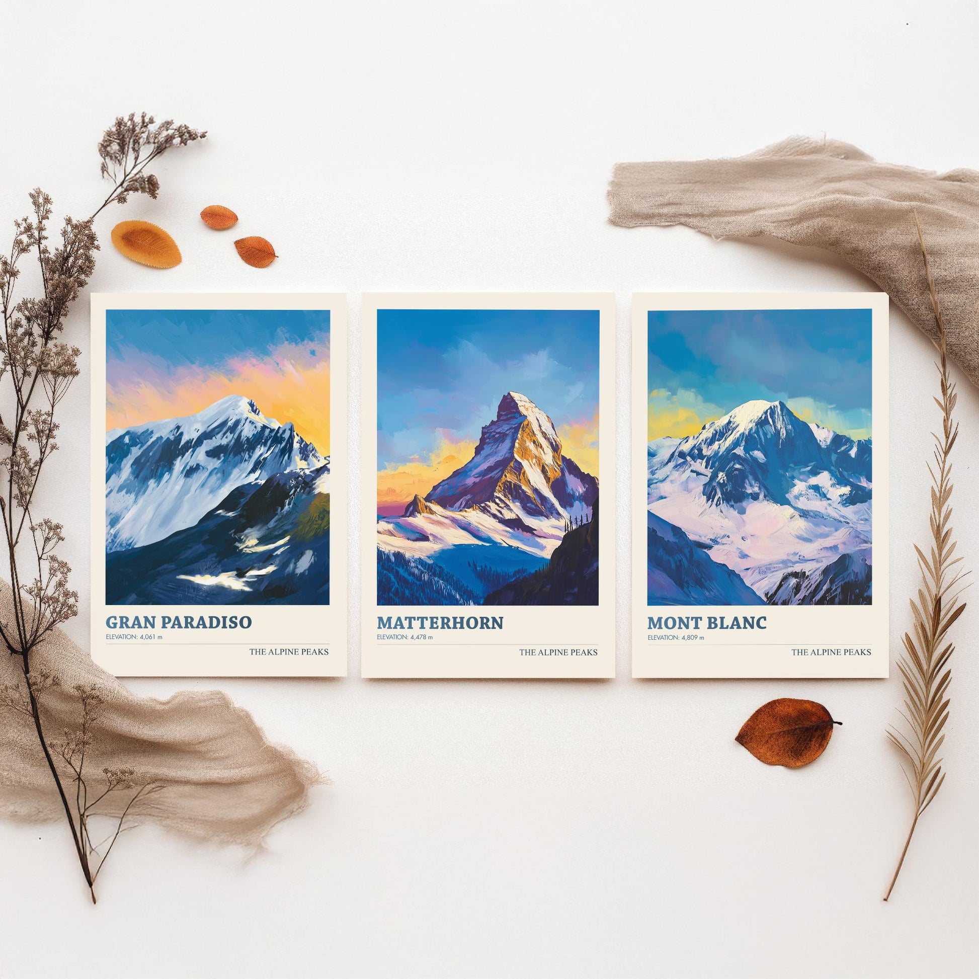 Alpine Peaks Set of Three Art Prints - Gran Paradiso, Matterhorn, Mont Blanc - 3 Alps Mountain Posters - Vibrant Painting Ski Decor