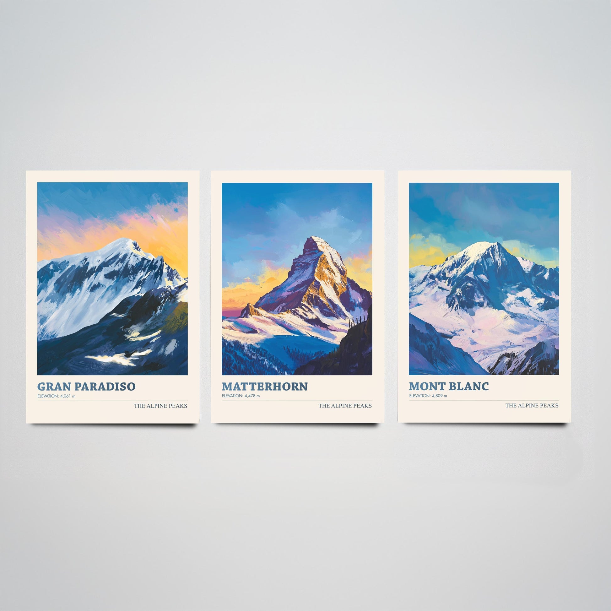 Alpine Peaks Set of Three Art Prints - Gran Paradiso, Matterhorn, Mont Blanc - 3 Alps Mountain Posters - Vibrant Painting Ski Decor