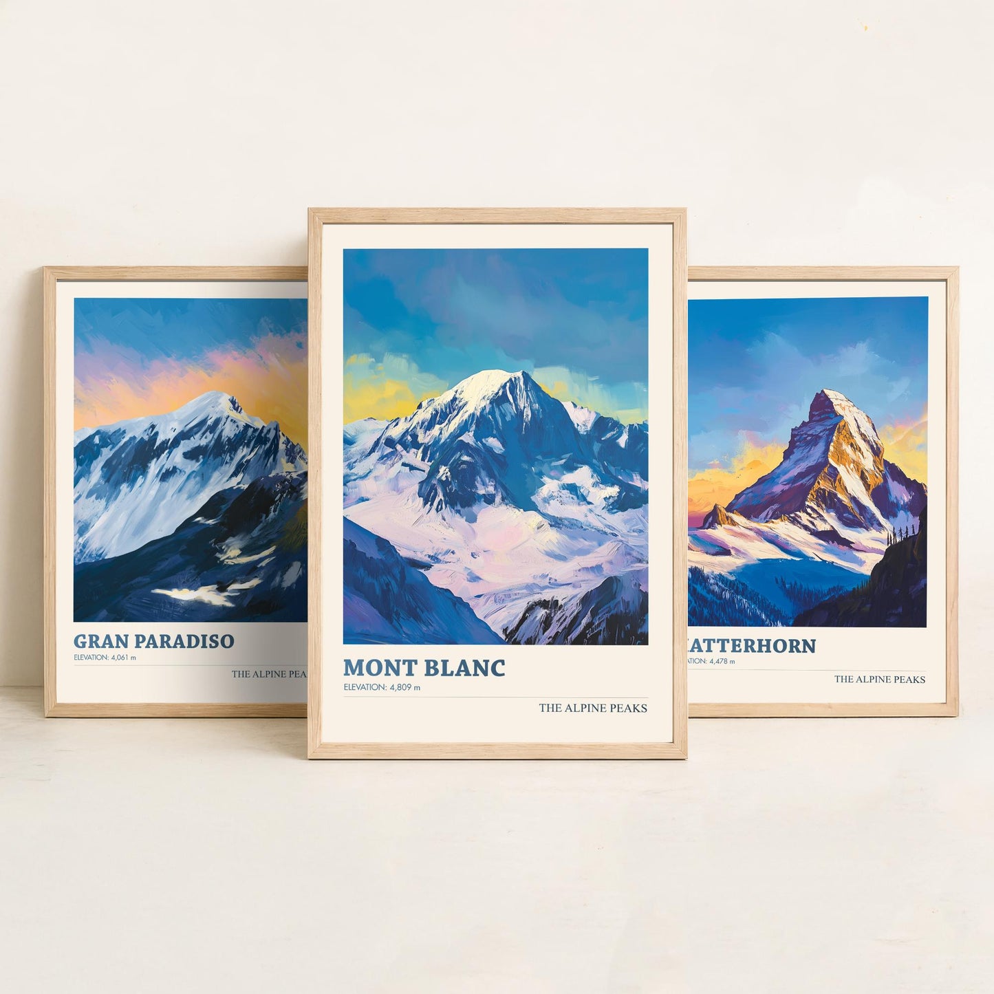 Alpine Peaks Set of Three Art Prints - Gran Paradiso, Matterhorn, Mont Blanc - 3 Alps Mountain Posters - Vibrant Painting Ski Decor