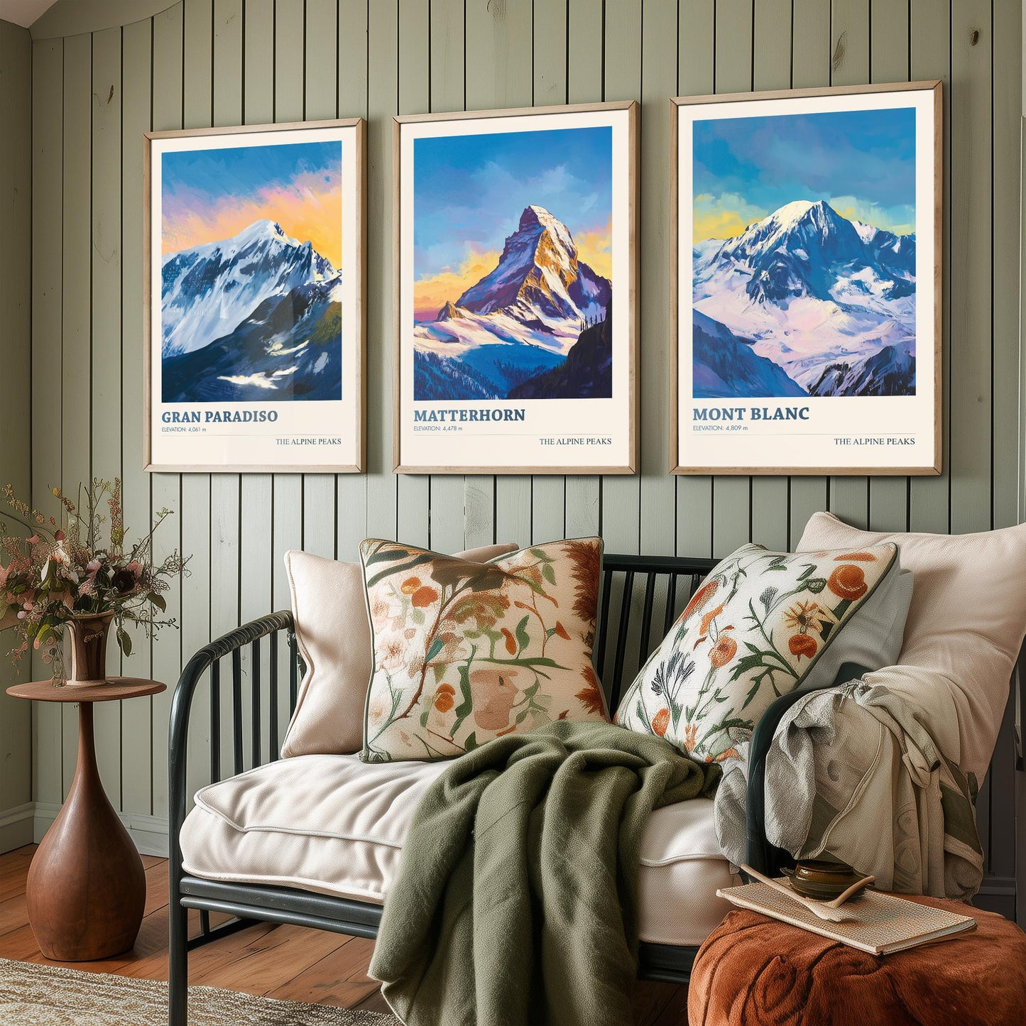 Alpine Peaks Set of Three Art Prints - Gran Paradiso, Matterhorn, Mont Blanc - 3 Alps Mountain Posters - Vibrant Painting Ski Decor