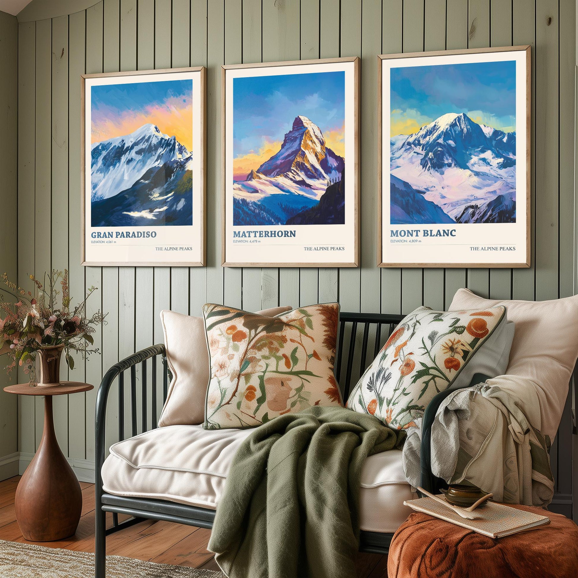 Alpine Peaks Set of Three Art Prints - Gran Paradiso, Matterhorn, Mont Blanc - 3 Alps Mountain Posters - Vibrant Painting Ski Decor