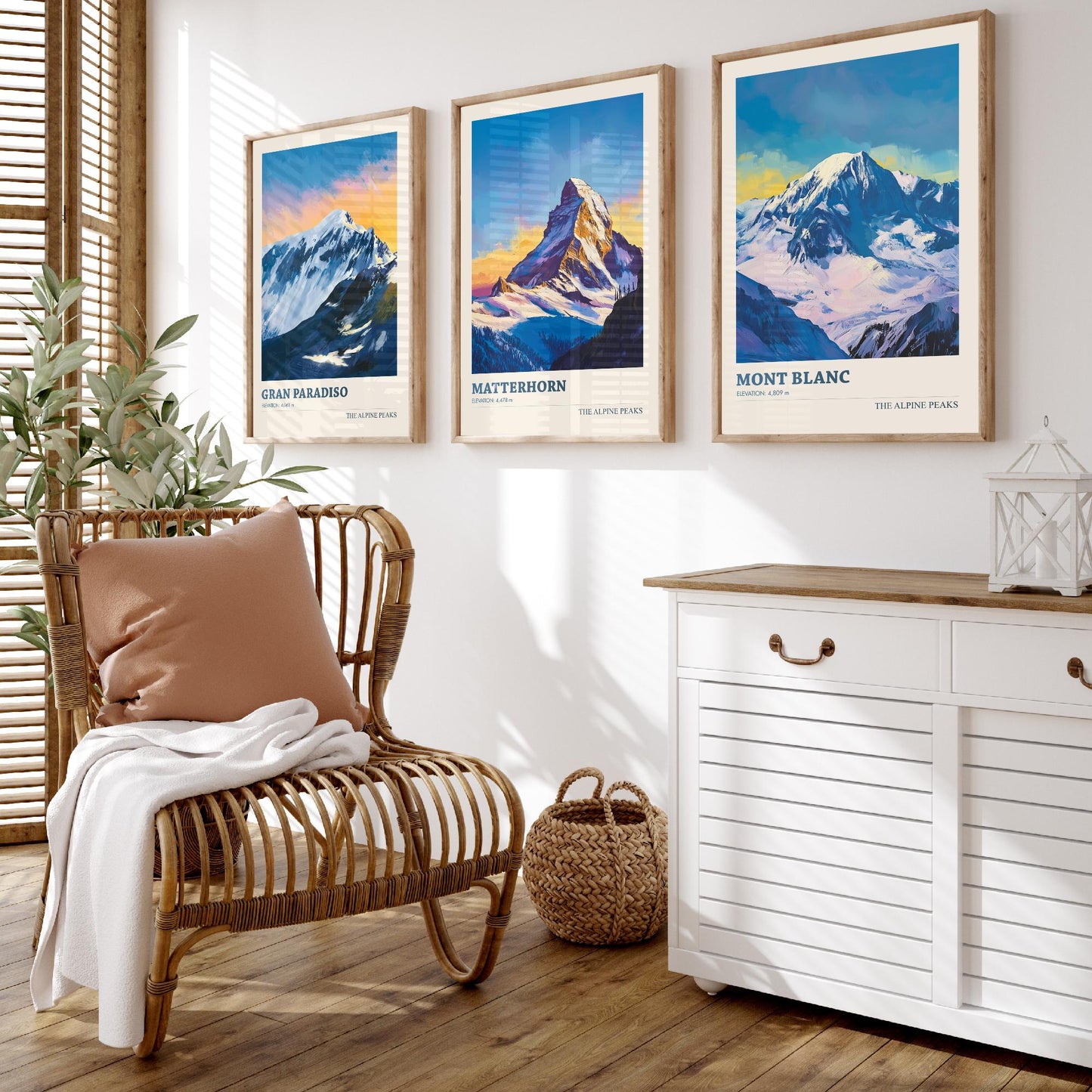 Alpine Peaks Set of Three Art Prints - Gran Paradiso, Matterhorn, Mont Blanc - 3 Alps Mountain Posters - Vibrant Painting Ski Decor
