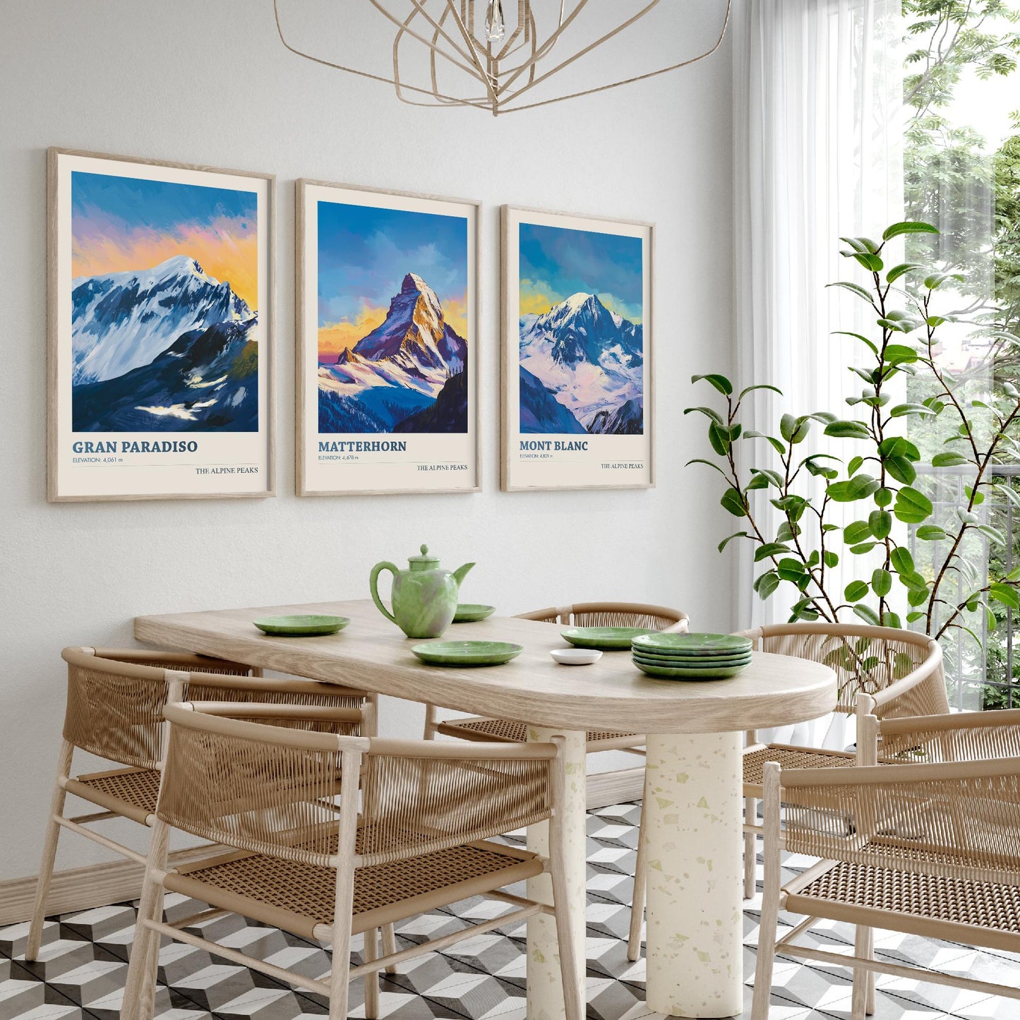 Alpine Peaks Set of Three Art Prints - Gran Paradiso, Matterhorn, Mont Blanc - 3 Alps Mountain Posters - Vibrant Painting Ski Decor