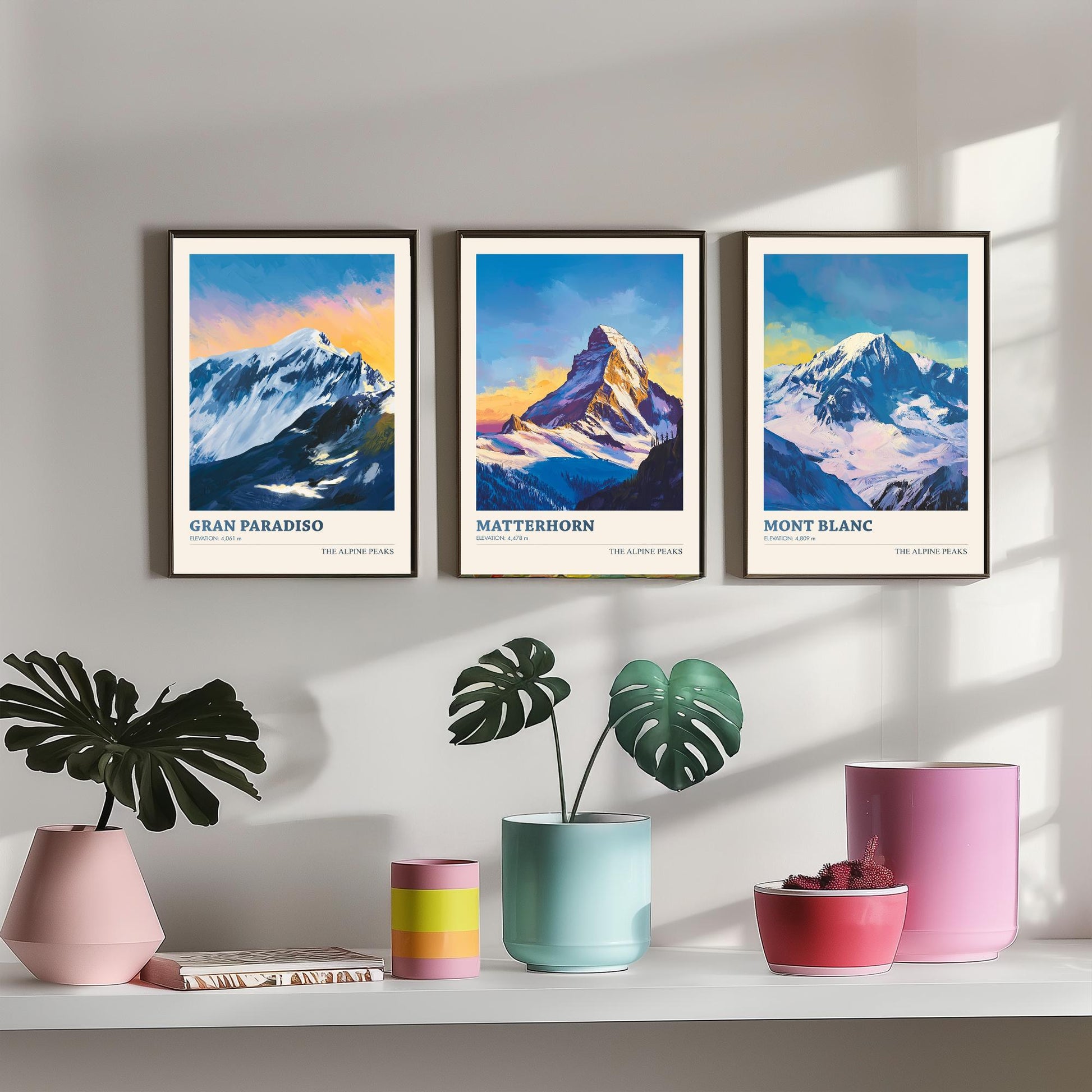 Alpine Peaks Set of Three Art Prints - Gran Paradiso, Matterhorn, Mont Blanc - 3 Alps Mountain Posters - Vibrant Painting Ski Decor