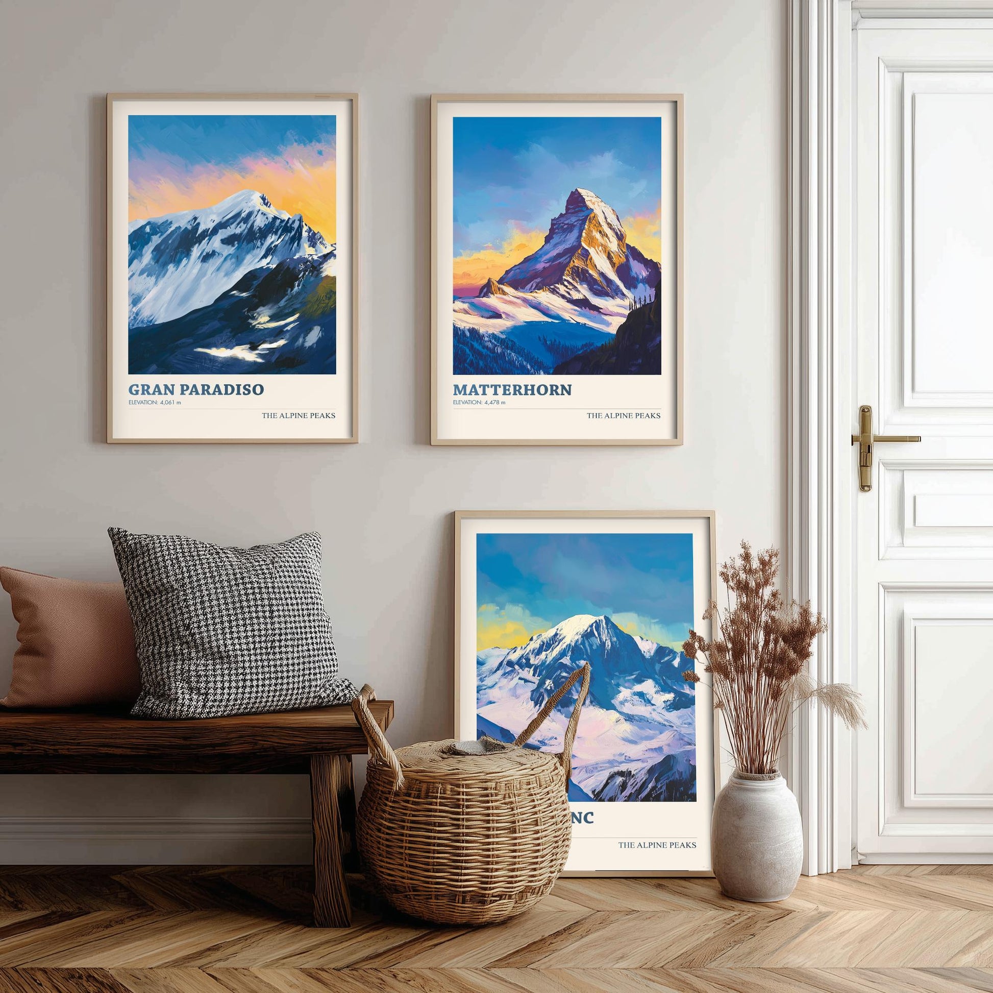 Alpine Peaks Set of Three Art Prints - Gran Paradiso, Matterhorn, Mont Blanc - 3 Alps Mountain Posters - Vibrant Painting Ski Decor