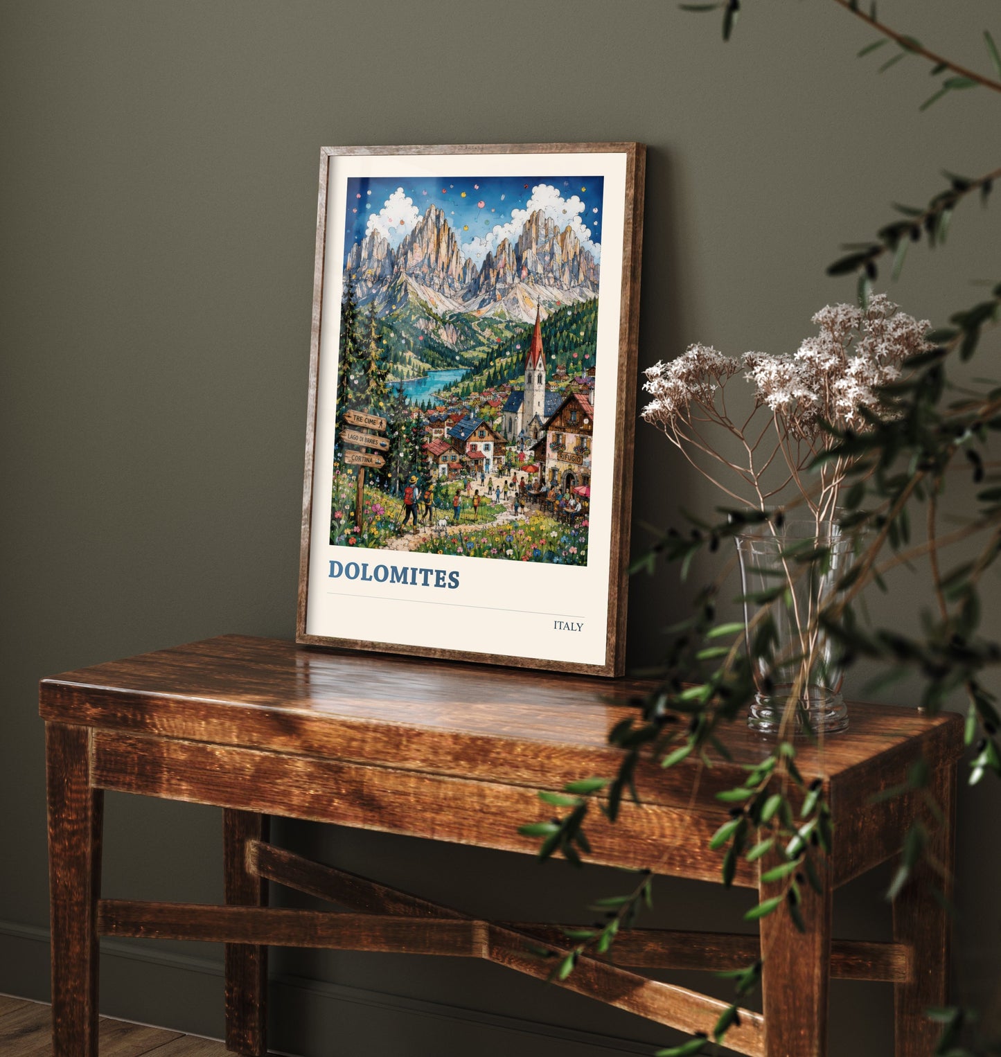 Dolomites Italy Travel Poster - Alpine Mountain Art Print - Vibrant Village Illustration - Tre Cime Hiking Visit 2/3
