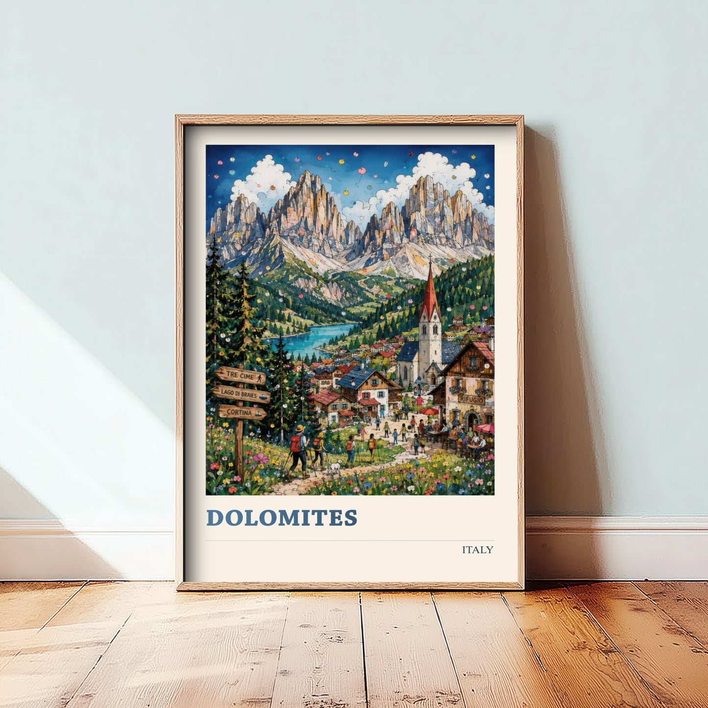 Dolomites Italy Travel Poster - Alpine Mountain Art Print - Vibrant Village Illustration - Tre Cime Hiking Visit 2/3