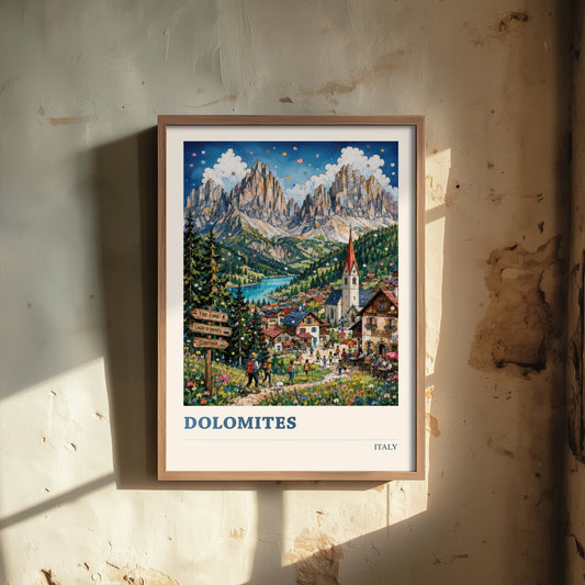 Dolomites Italy Travel Poster - Alpine Mountain Art Print - Vibrant Village Illustration - Tre Cime Hiking Visit 2/3
