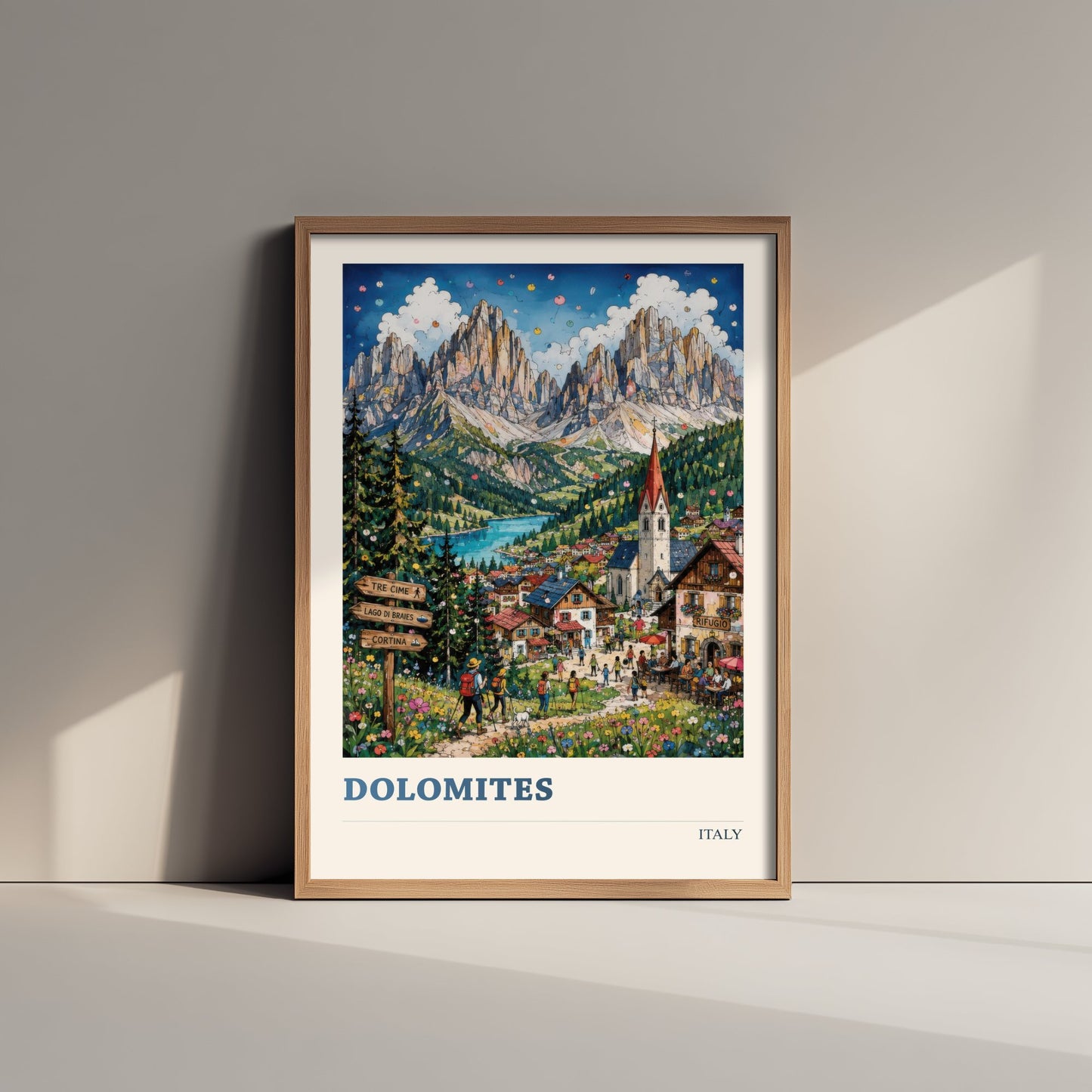 Dolomites Italy Travel Poster - Alpine Mountain Art Print - Vibrant Village Illustration - Tre Cime Hiking Visit 2/3